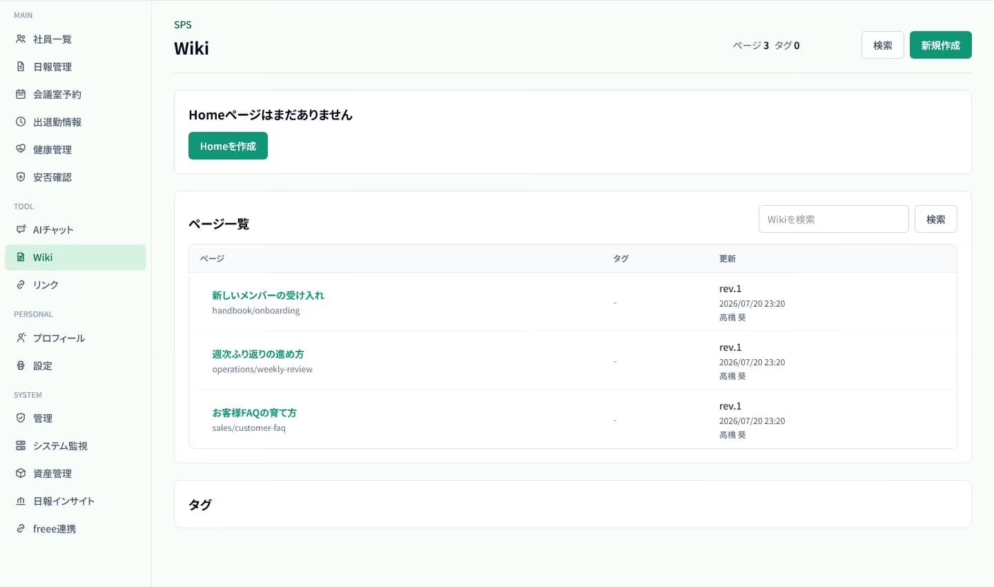 SPSのWikiで社内手順を一覧表示している画面